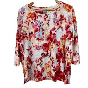 Chico's Size 2 (Large) Watercolor Floral Cotton Blend Slub Tee 3/4 Sleeve